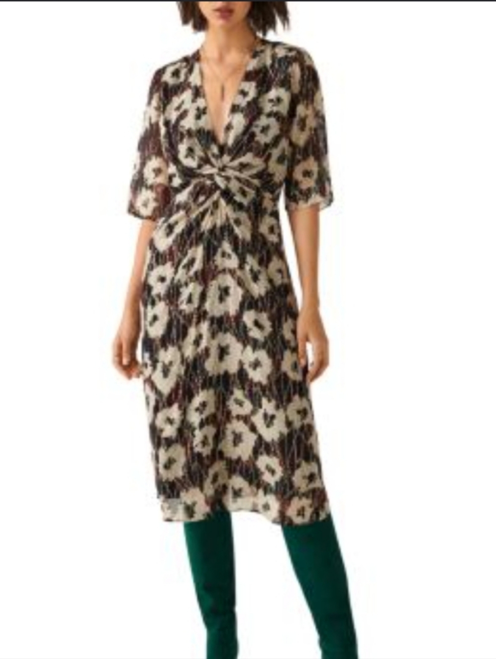 ba&sh Metallic Floral Midi Dress in Cream, Navy, Burgundy with Subtle Gold Sheen